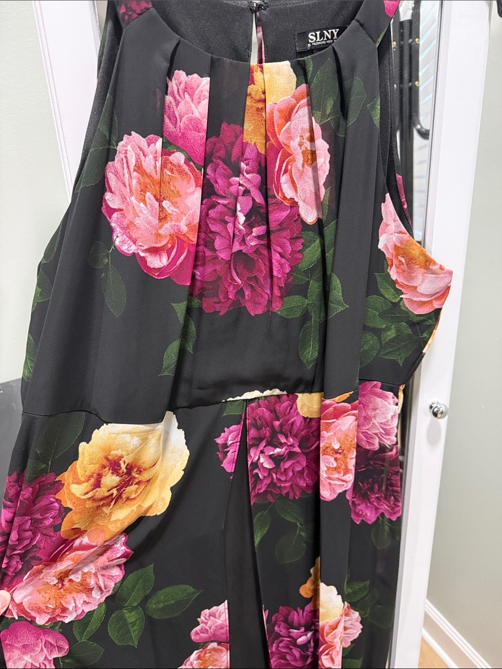 Floral Halter Maxi Dress- Black with Pink & Yellow Blooms - Picture 4 of 5